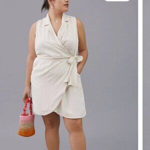 Anthropologie Linen Wrap Mini Dress Small Cream White Tie Bow
